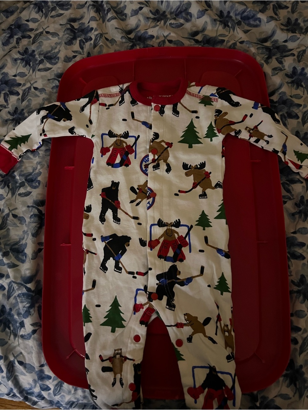 White Kids Hockey Animal Print Footie with Red Trim